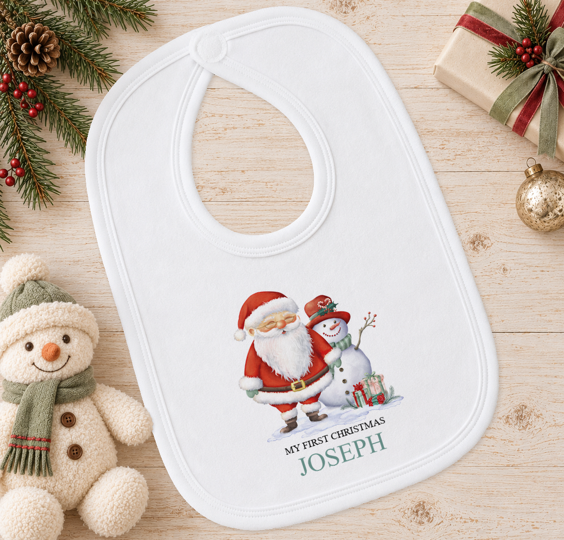 Personalised Santa and Snowman baby Christmas bib with a custom name