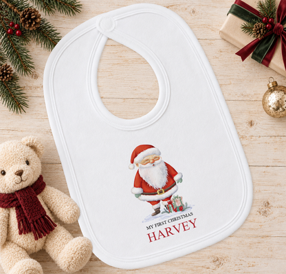 Personalised Santa with Gifts baby Christmas bib with a custom name