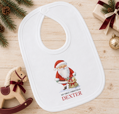 Personalised Santa and Toy Sack baby Christmas bib with a custom name