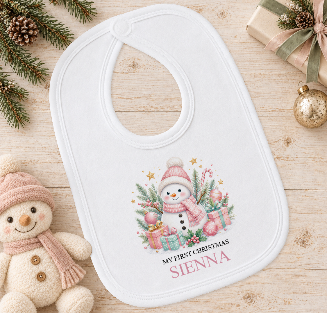 Personalised Pink Snowman baby Christmas bib with a custom name
