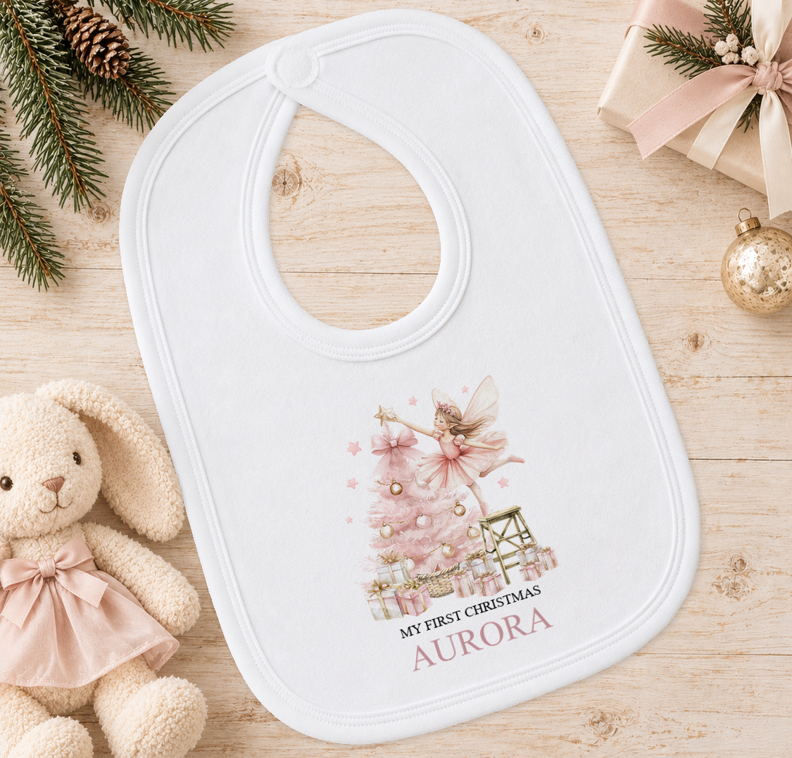 Personalised Sugar Plum Fairy baby Christmas bib with a custom name