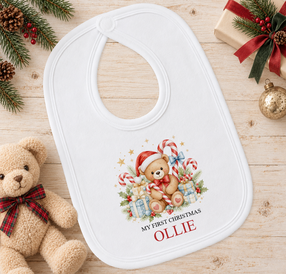 Personalised Candy Cane Teddy baby Christmas bib with a custom name