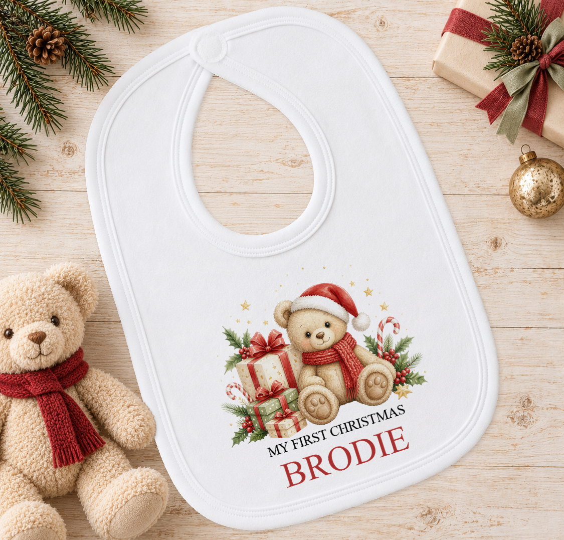Personalised Cosy Scarf Teddy baby Christmas bib with a custom name