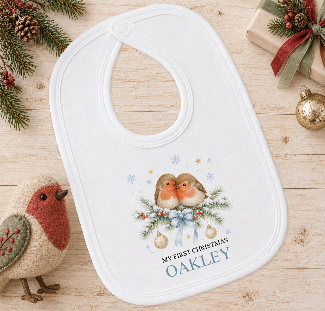 Personalised Two Robins baby Christmas bib with a custom name