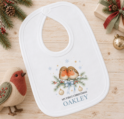 Personalised Two Robins baby Christmas bib with a custom name