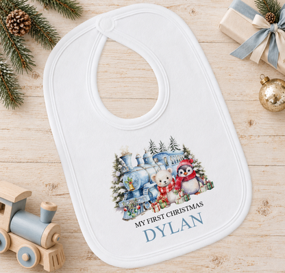 Personalised Winter Christmas Train baby Christmas bib with a custom name