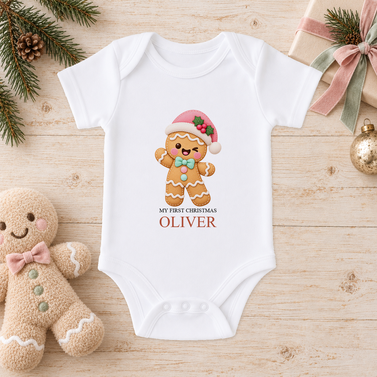 Personalised Gingerbread Santa Hat baby Christmas vest with a custom name