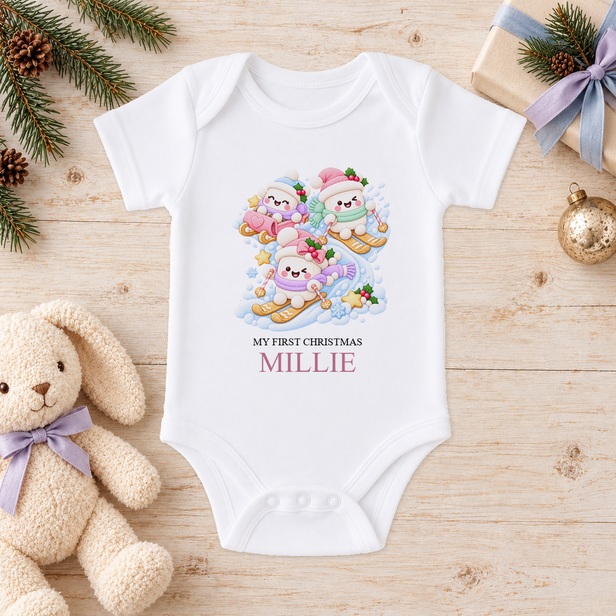 Personalised Snowman Ski Day baby Christmas vest with a custom name