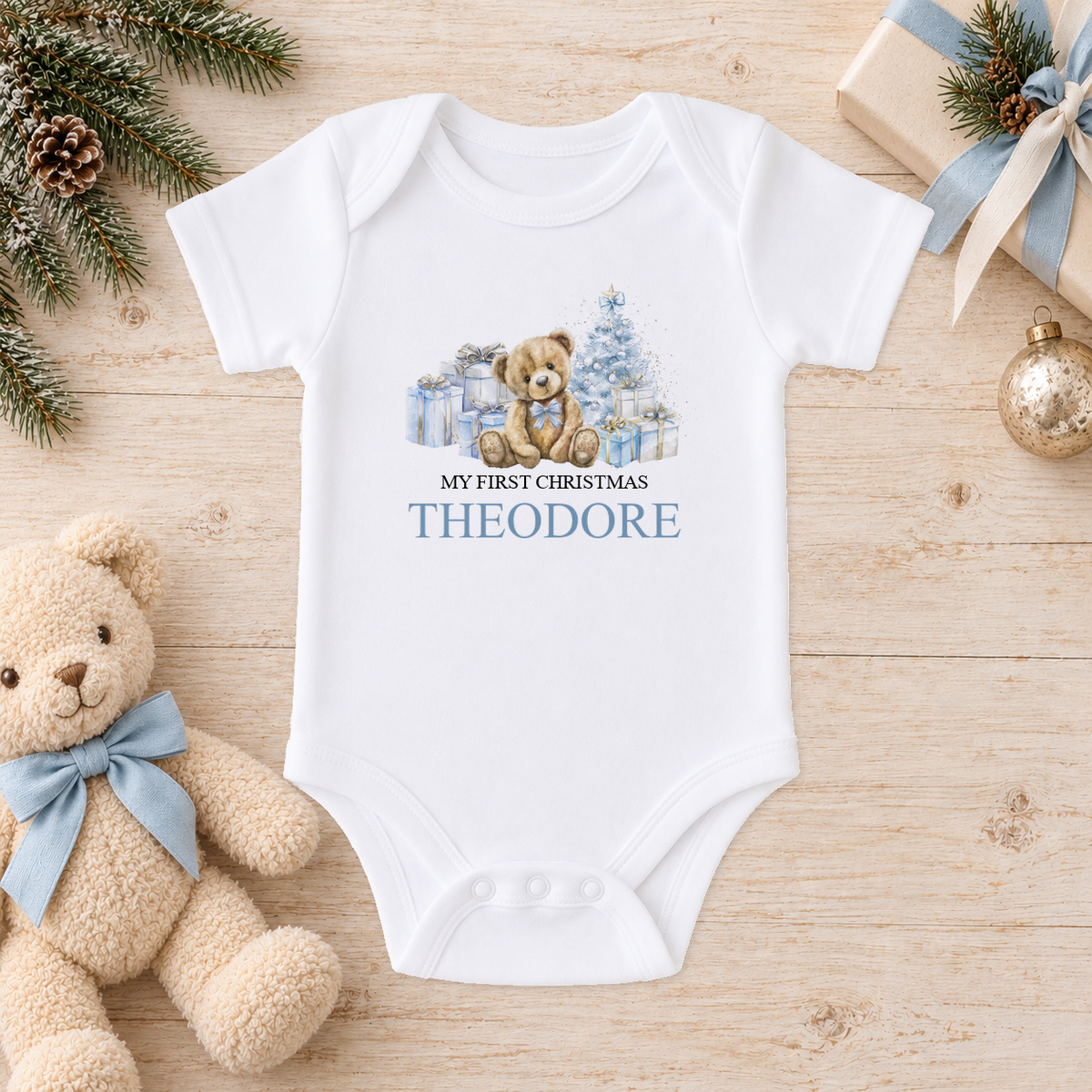 Personalised Blue Teddy and Presents baby Christmas vest with a custom name