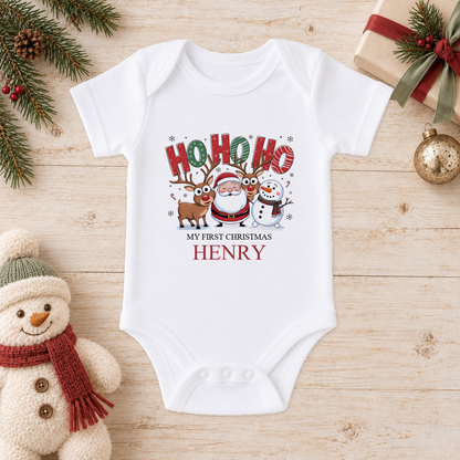 Personalised Ho Ho Ho baby Christmas vest with a custom name