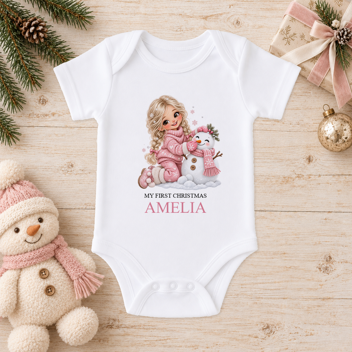 Personalised Blonde Girl and Snowman baby Christmas vest with a custom name