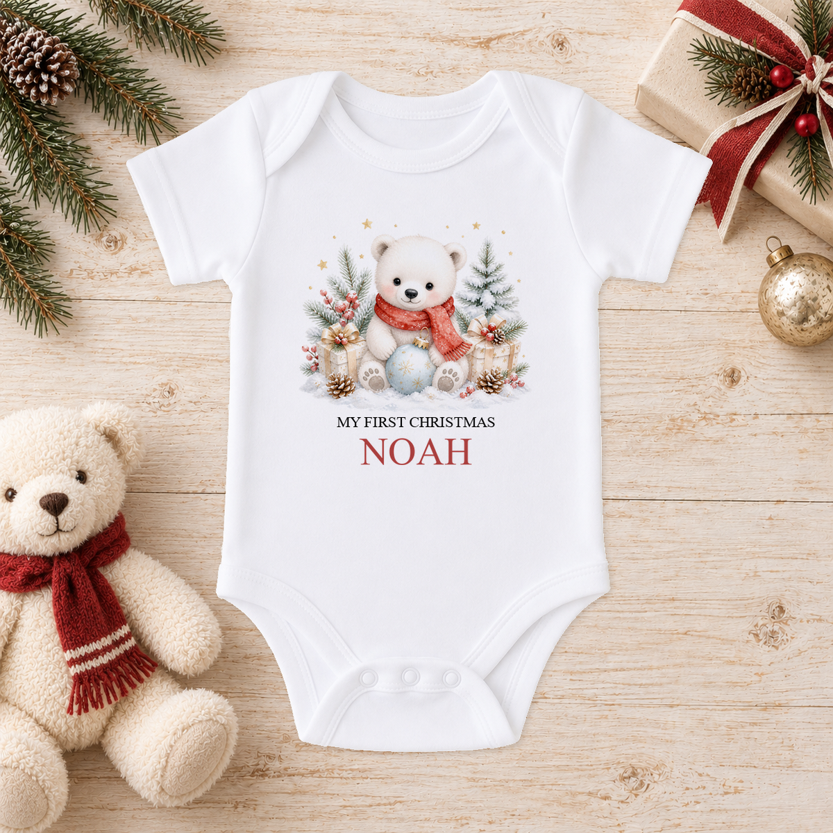 Personalised Polar Bear in Red Scarf baby Christmas vest with a custom name