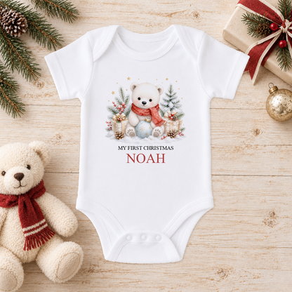 Personalised Polar Bear in Red Scarf baby Christmas vest with a custom name