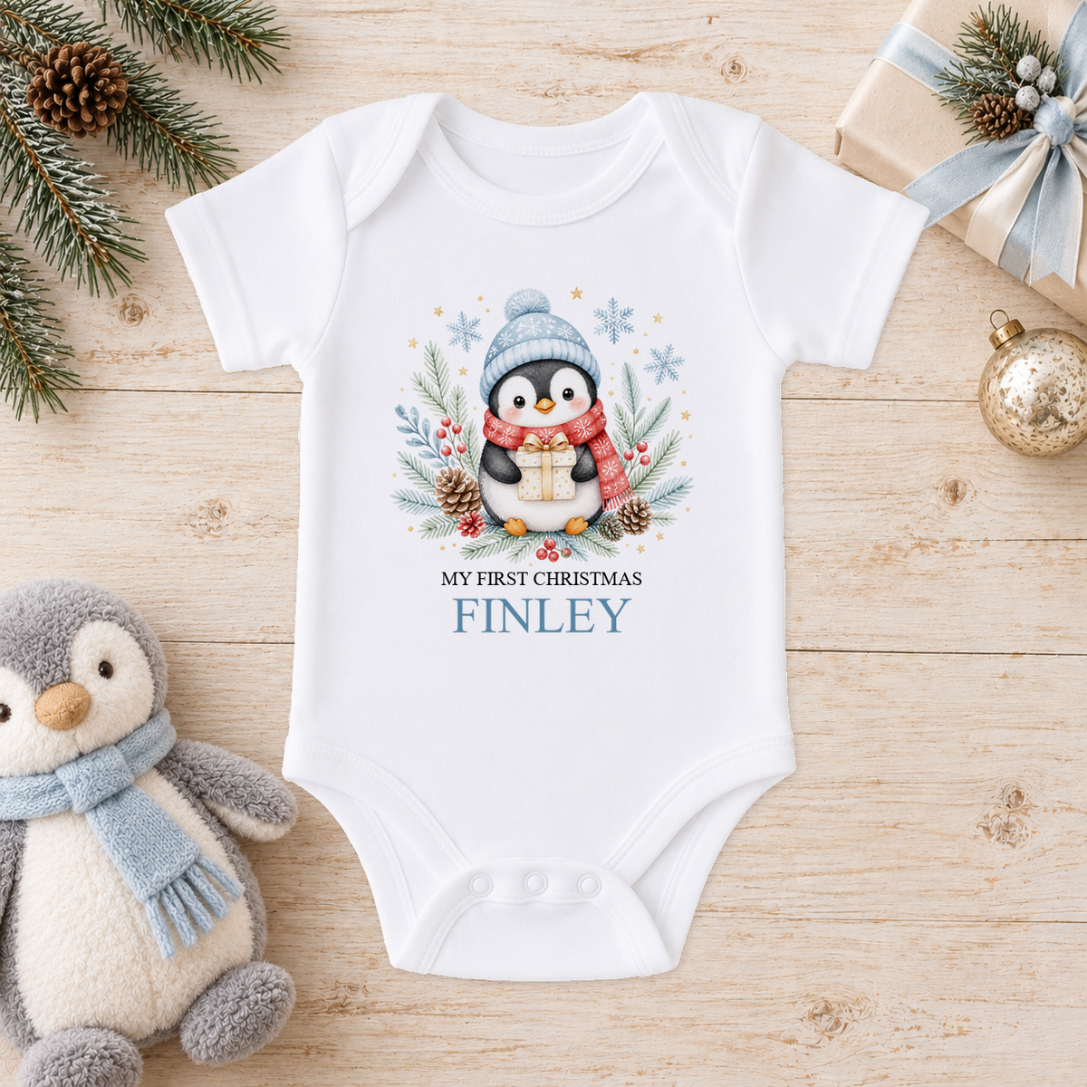 Personalised Penguin with Present baby Christmas vest with a custom name