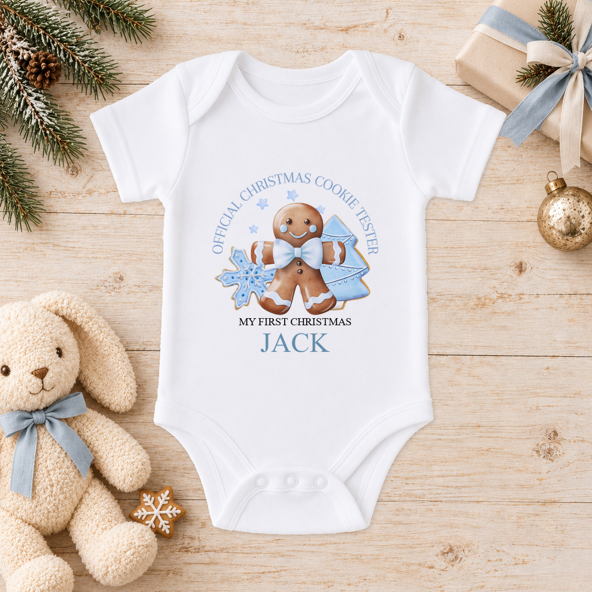 Personalised Blue Cookie Tester baby Christmas vest with a custom name