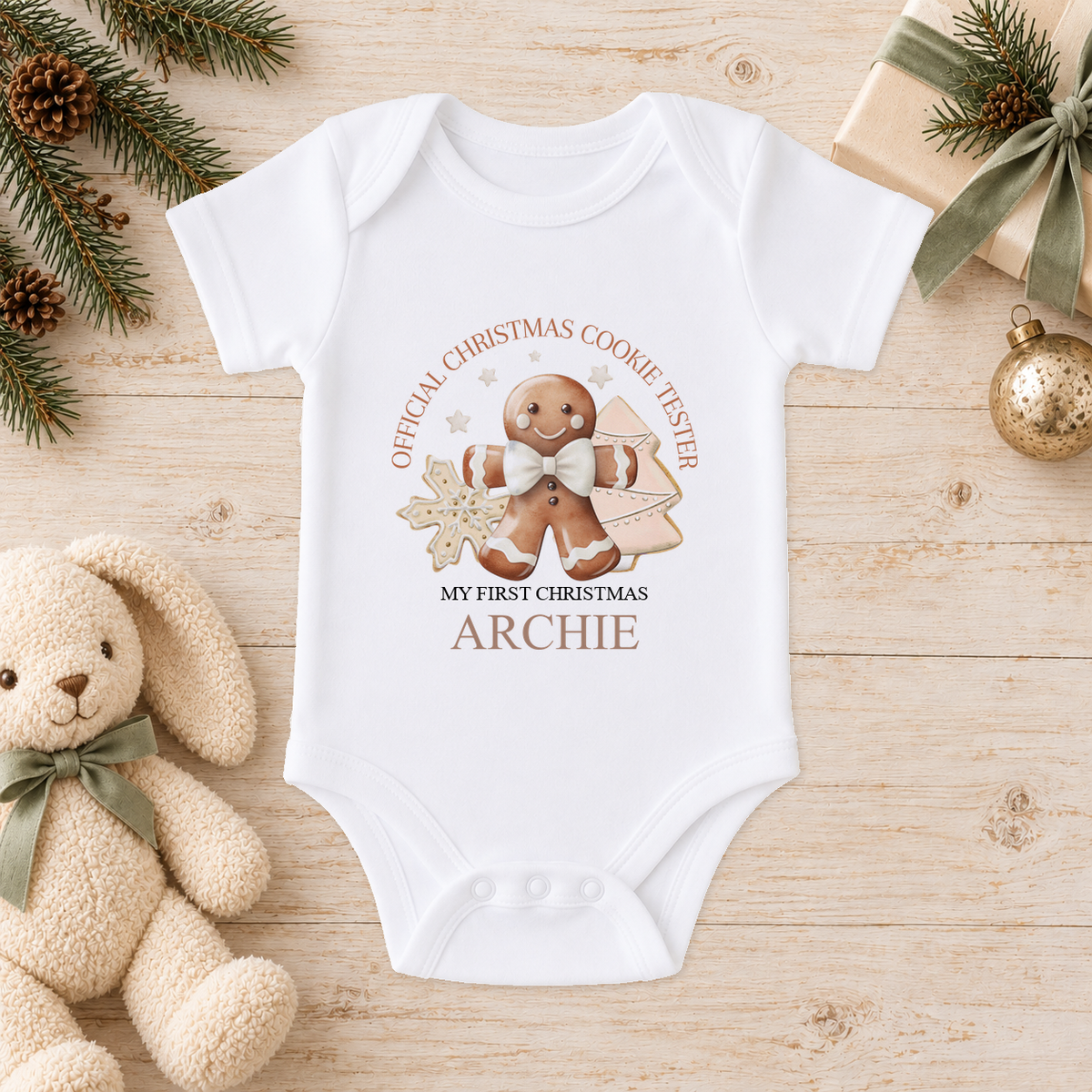 Personalised Classic Cookie Tester baby Christmas vest with a custom name