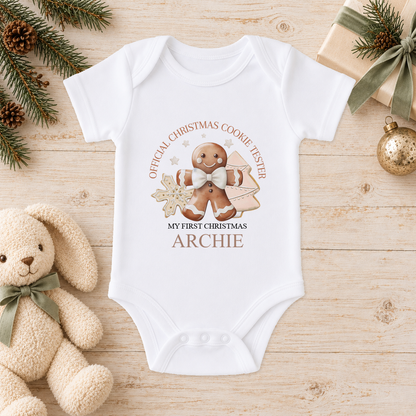 Personalised Classic Cookie Tester baby Christmas vest with a custom name