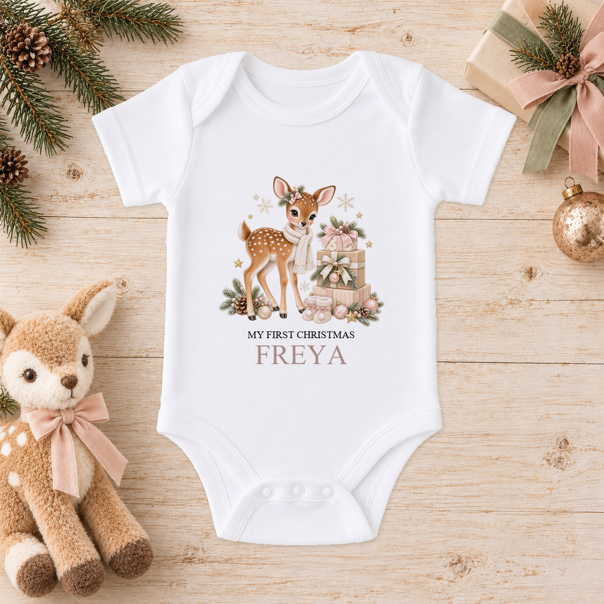 Personalised Fawn and Gift Stack baby Christmas vest with a custom name