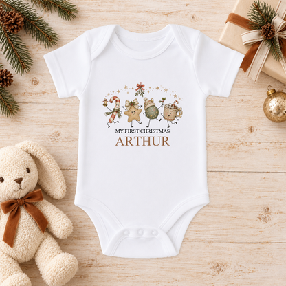 Personalised Festive Friends baby Christmas vest with a custom name