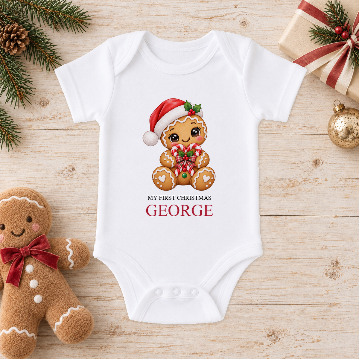 Personalised Gingerbread Candy Cane Heart baby Christmas vest with a custom name