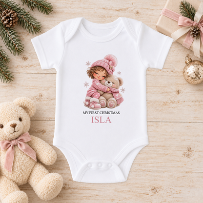 Personalised Girl Hugging Teddy baby Christmas vest with a custom name