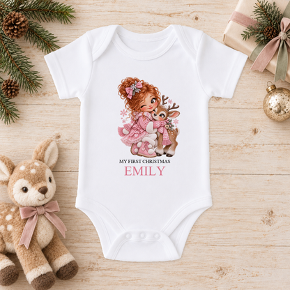 Personalised Girl Hugging Reindeer baby Christmas vest with a custom name