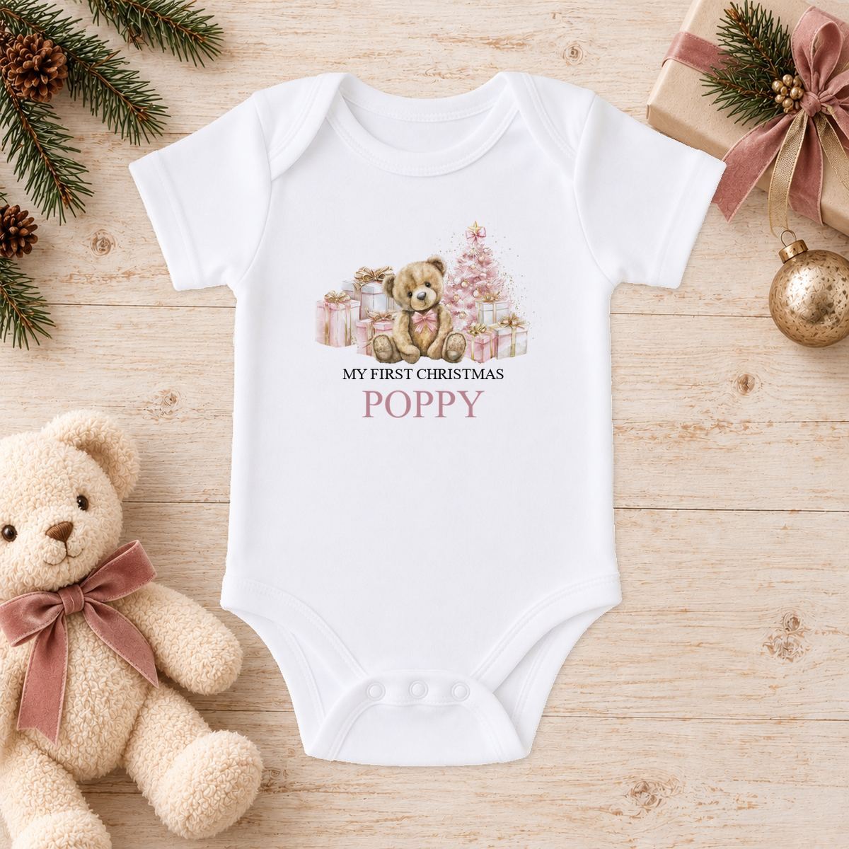 Personalised Pink Teddy and Presents baby Christmas vest with a custom name
