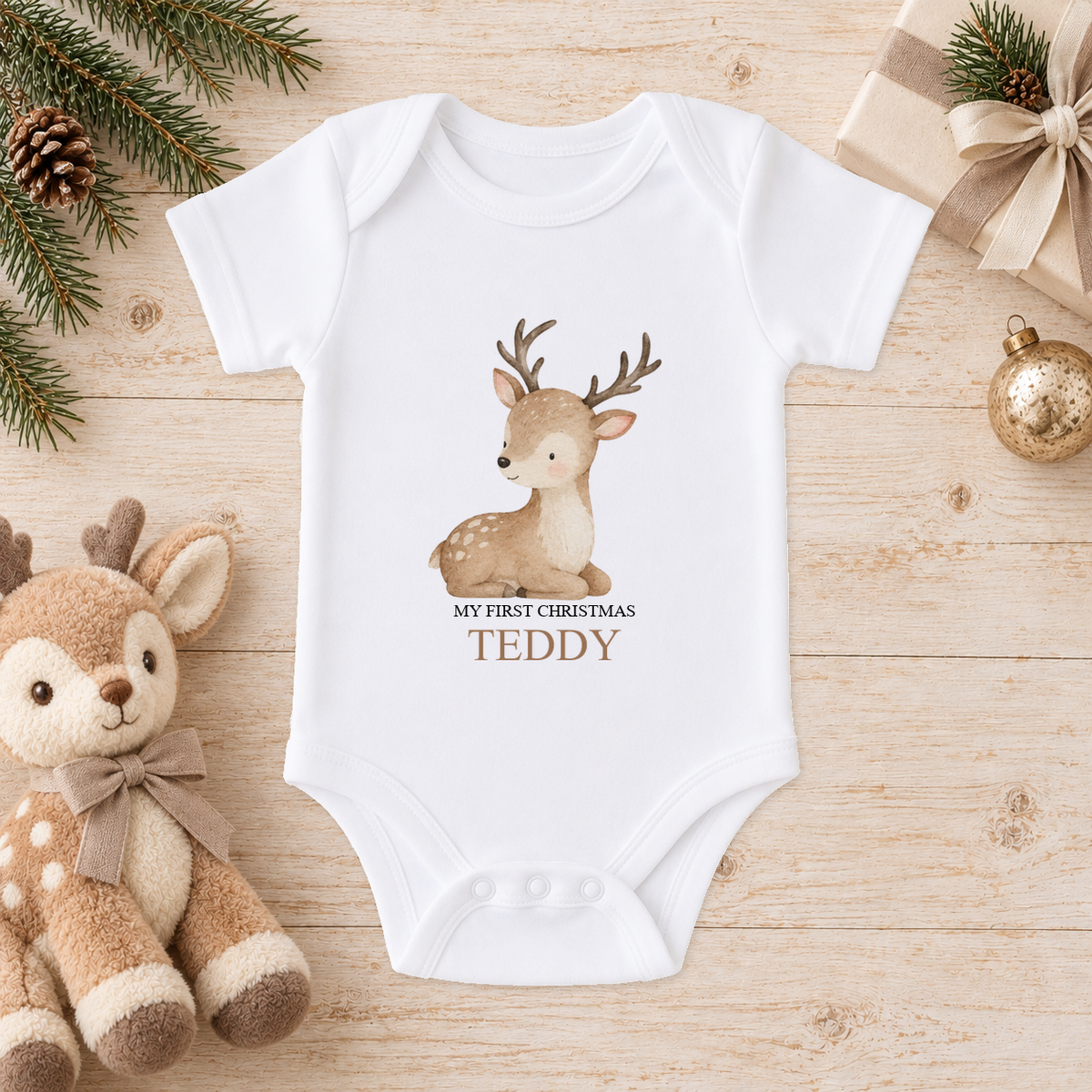 Personalised Baby Reindeer baby Christmas vest with a custom name