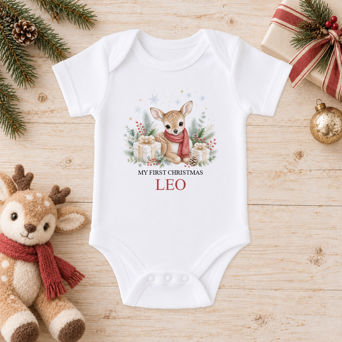 Personalised Baby Deer Red Scarf baby Christmas vest with a custom name