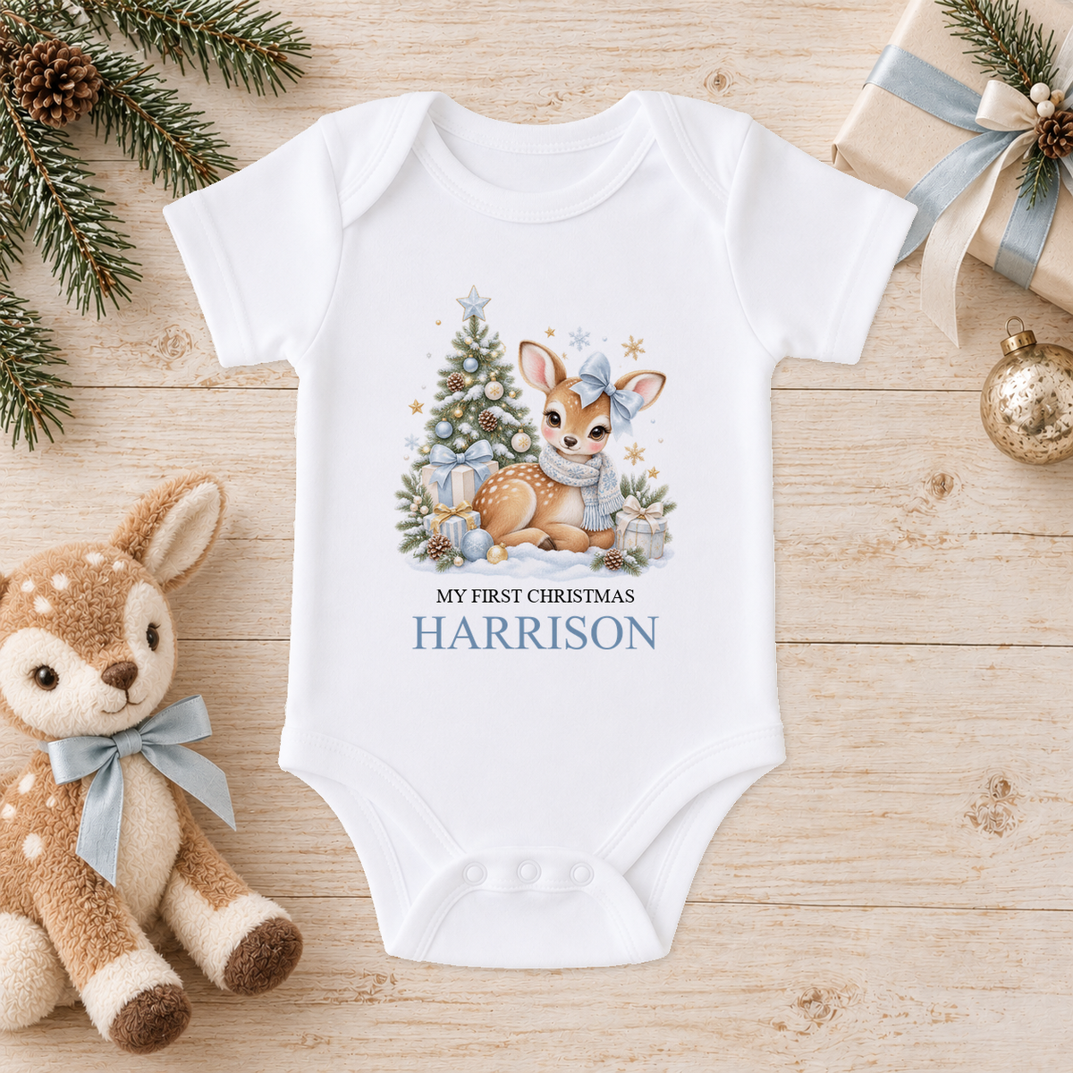 Personalised Blue Bow Fawn baby Christmas vest with a custom name
