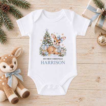 Personalised Blue Bow Fawn baby Christmas vest with a custom name