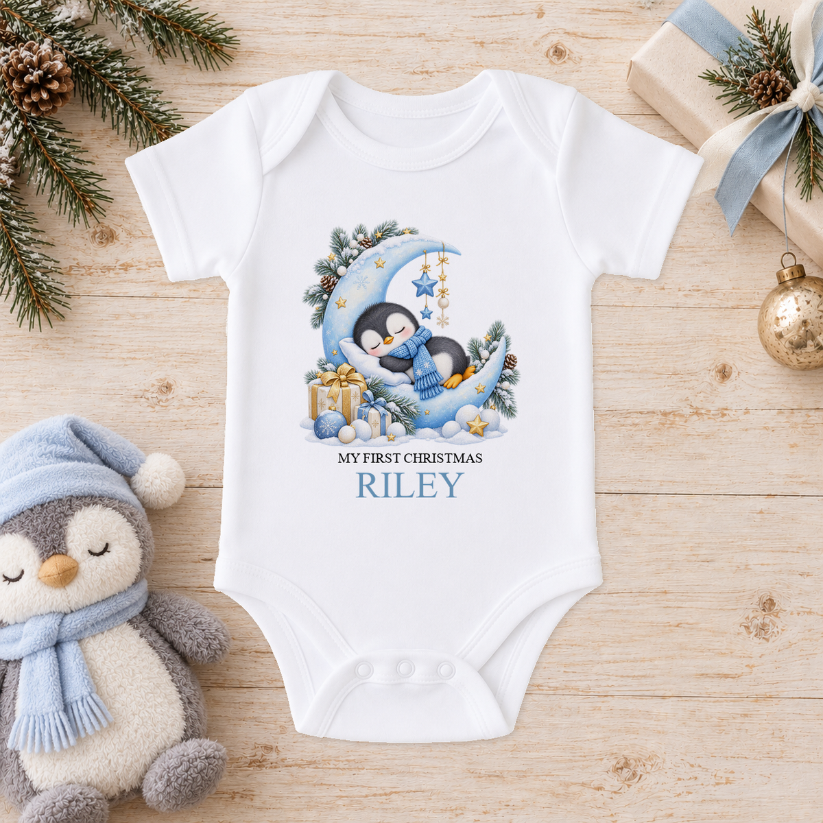 Personalised Sleepy Penguin Moon baby Christmas vest with a custom name