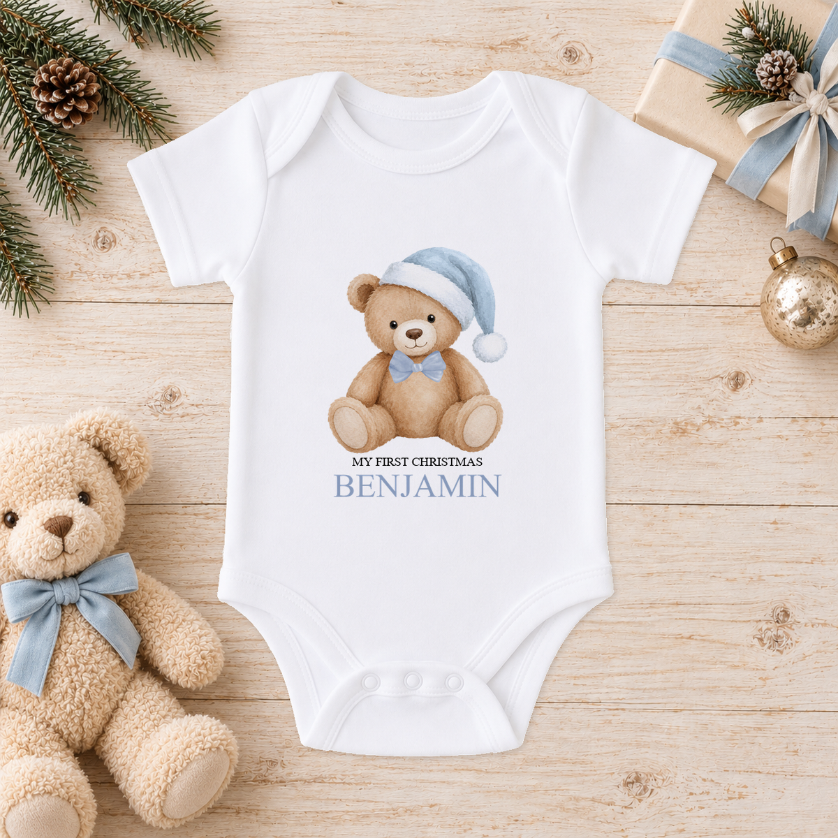 Personalised Blue Hat Teddy baby Christmas vest with a custom name