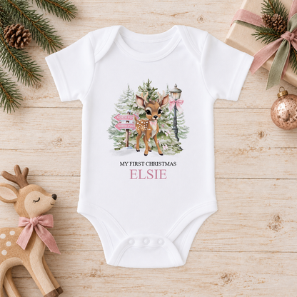 Personalised North Pole Fawn Pink Bow baby Christmas vest with a custom name
