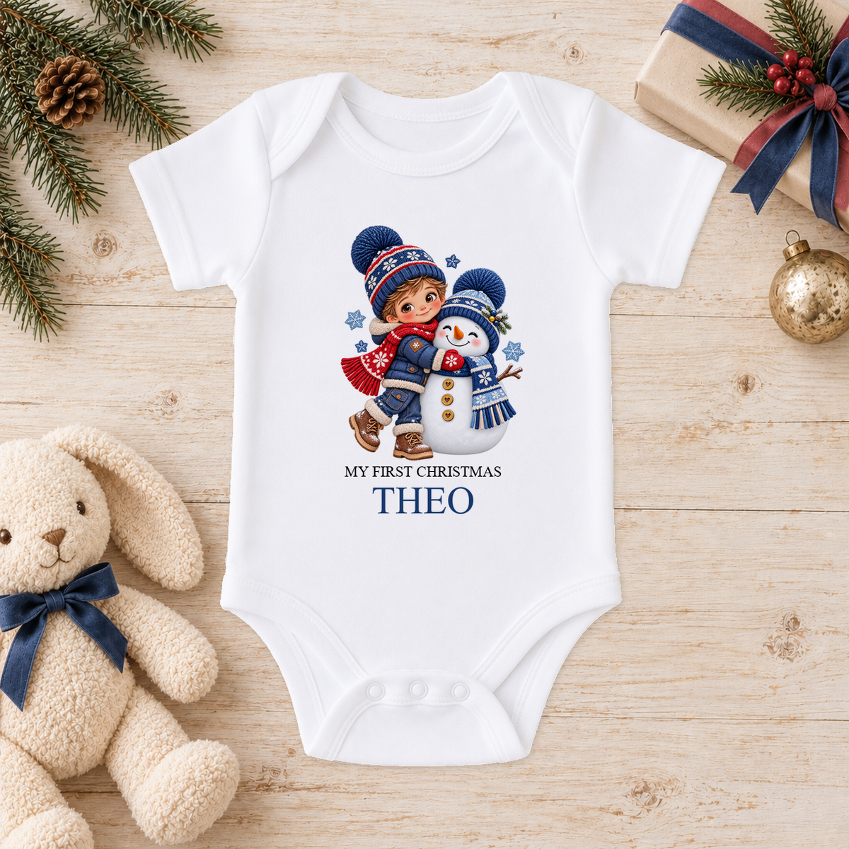 Personalised Boy Hugging Snowman baby Christmas vest with a custom name