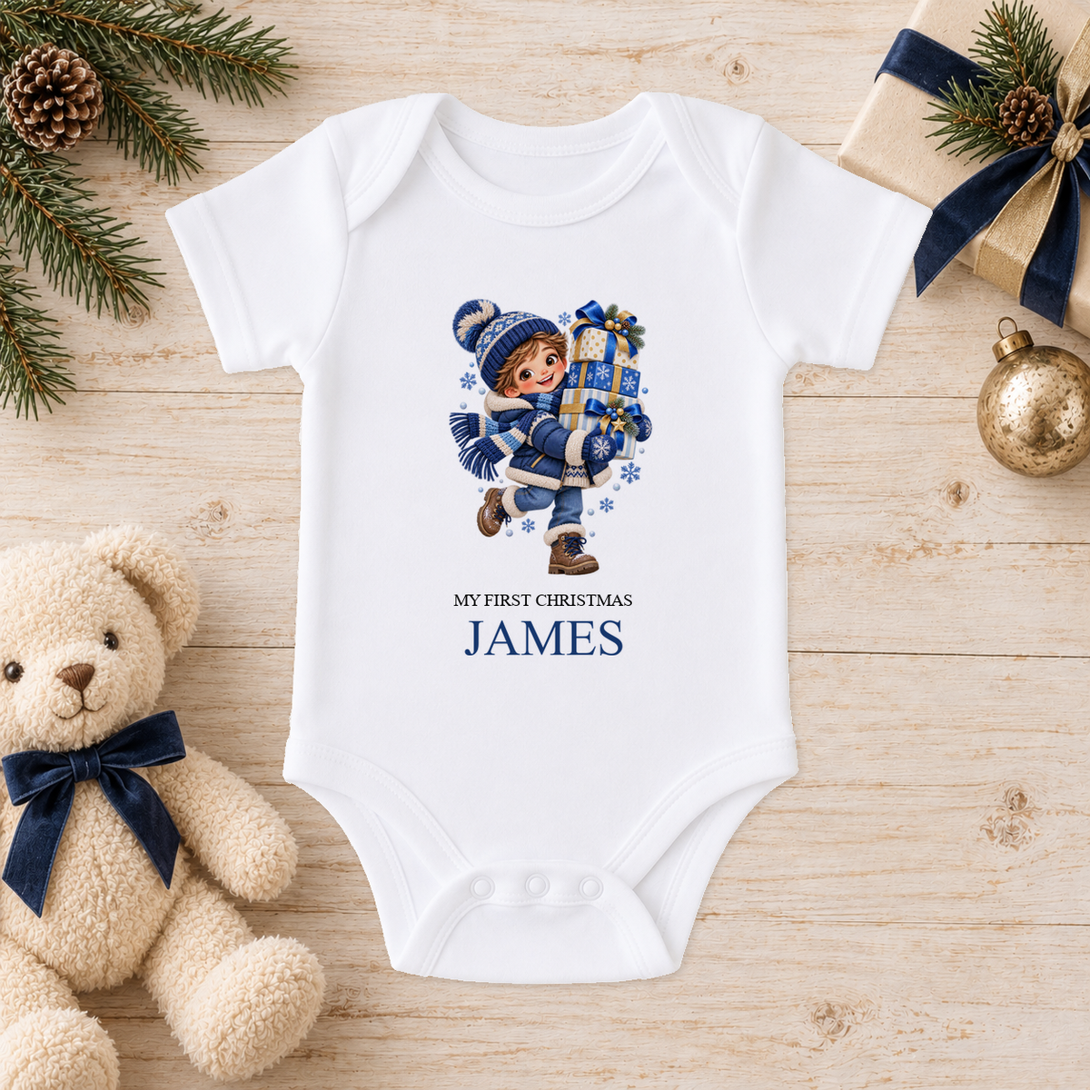 Personalised Boy with Presents baby Christmas vest with a custom name