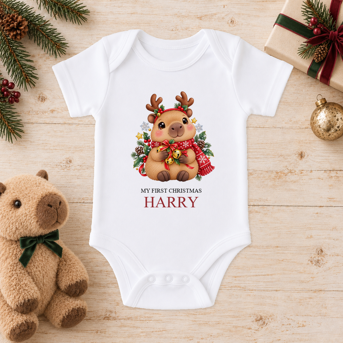 Personalised Capybara Reindeer baby Christmas vest with a custom name