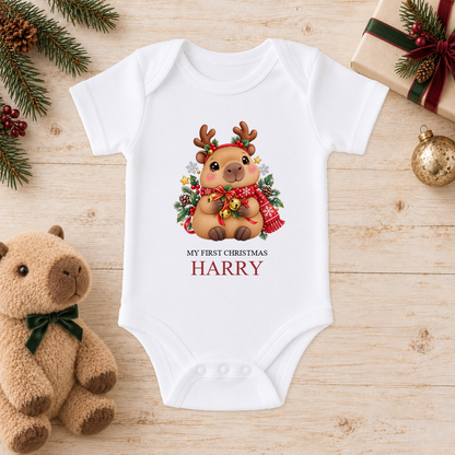 Personalised Capybara Reindeer baby Christmas vest with a custom name