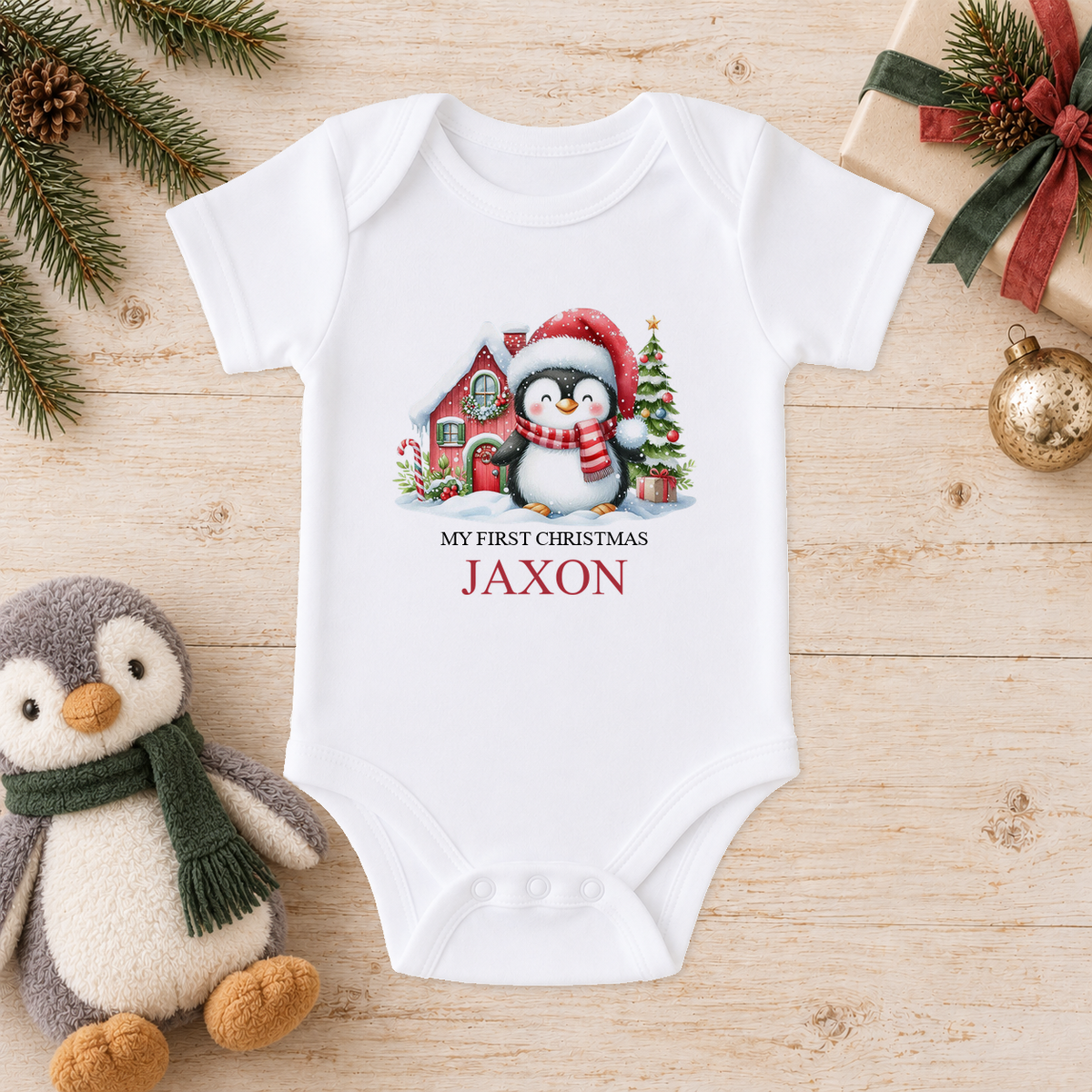 Personalised Santa Hat Penguin baby Christmas vest with a custom name