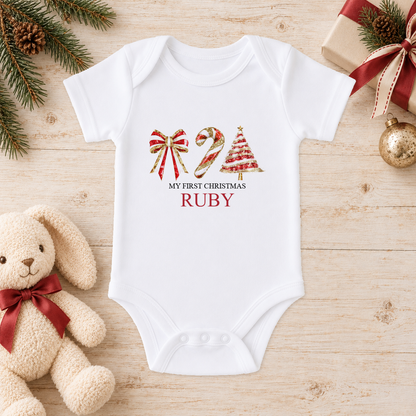 Personalised Bow, Candy Cane and Tree baby Christmas vest with a custom name
