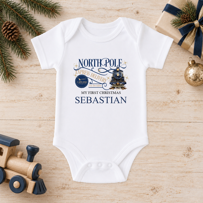 Personalised North Pole Express Navy Train baby Christmas vest with a custom name