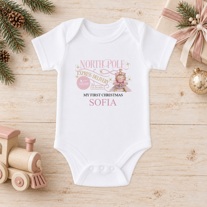 Personalised North Pole Express Pink Train baby Christmas vest with a custom name