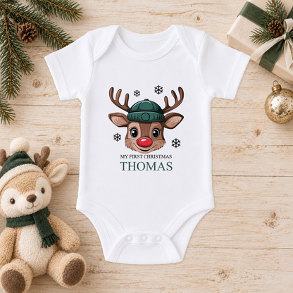 Personalised Reindeer Face Beanie baby Christmas vest with a custom name