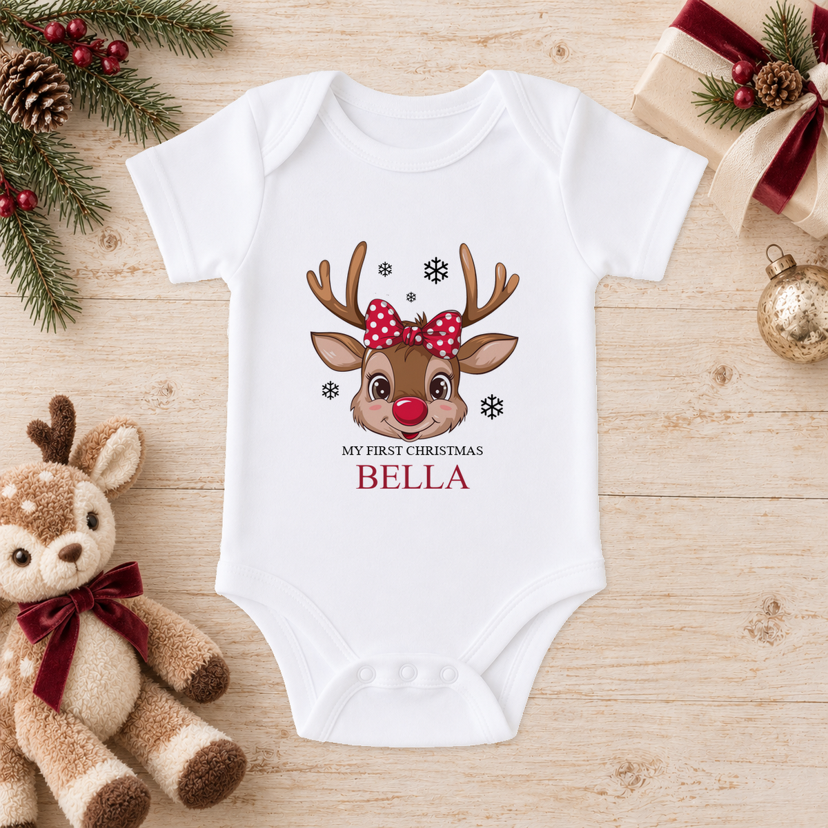 Personalised Reindeer Face Polka Bow baby Christmas vest with a custom name