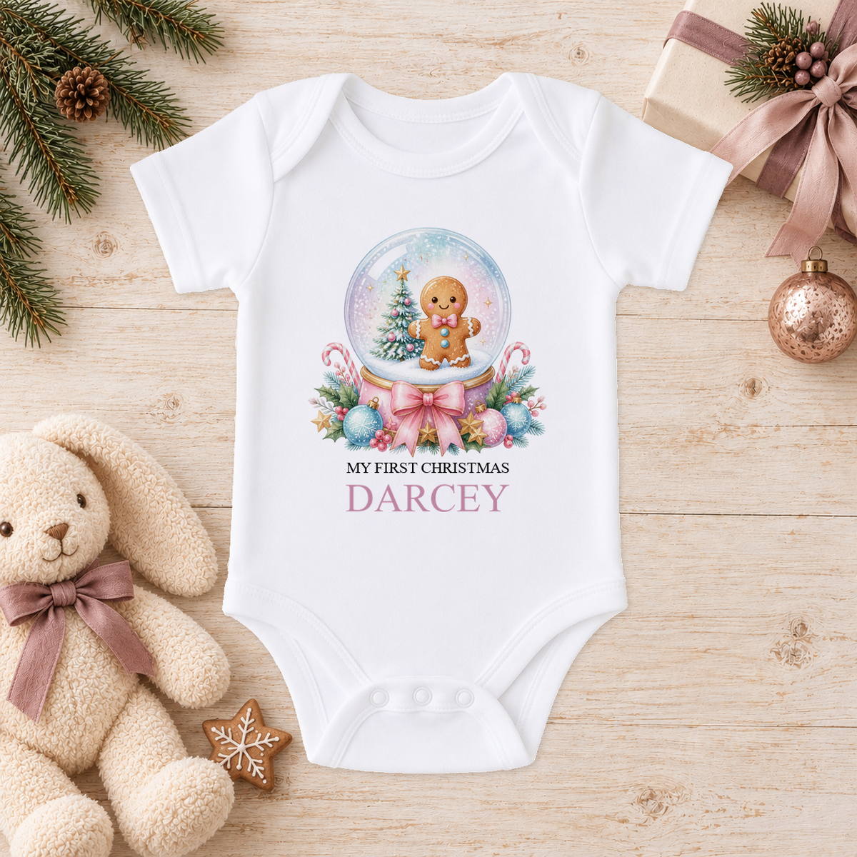 Personalised Gingerbread Snow Globe baby Christmas vest with a custom name