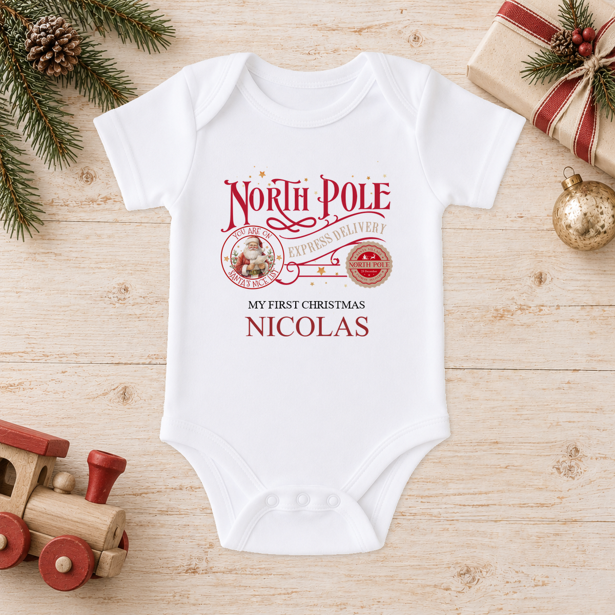 Personalised North Pole Express Santa Stamp baby Christmas vest with a custom name