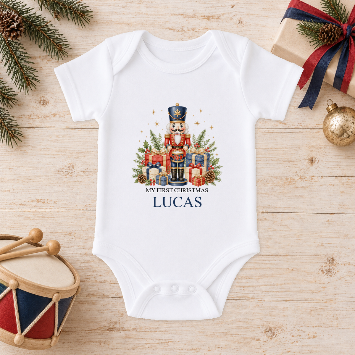 Personalised Nutcracker Drummer baby Christmas vest with a custom name
