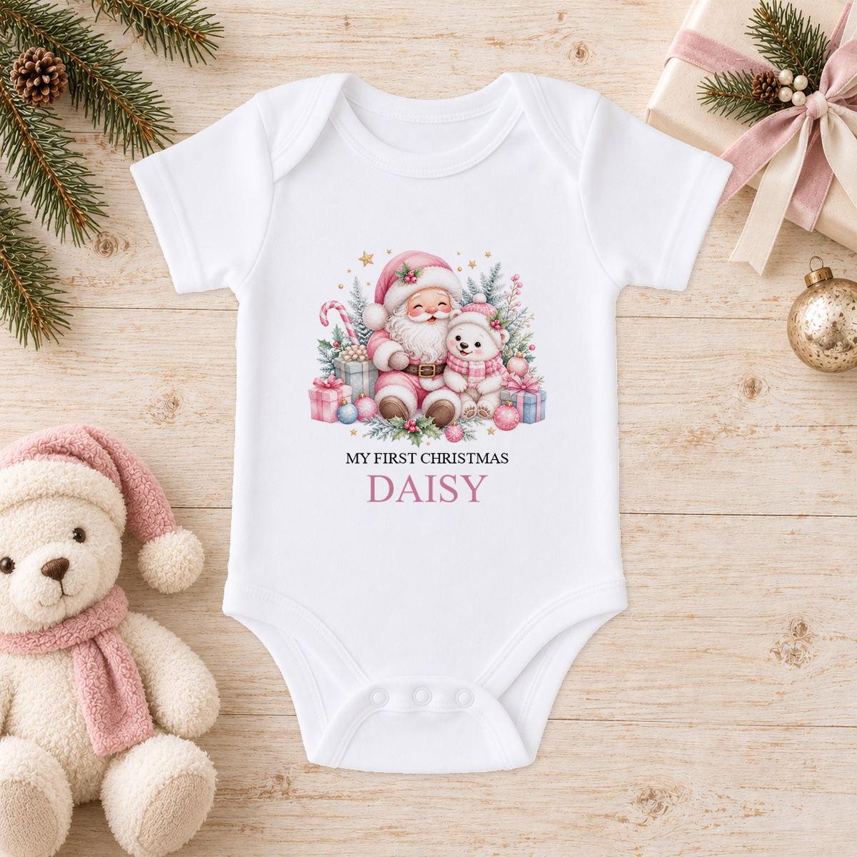 Personalised Pink Santa and Polar Bear baby Christmas vest with a custom name