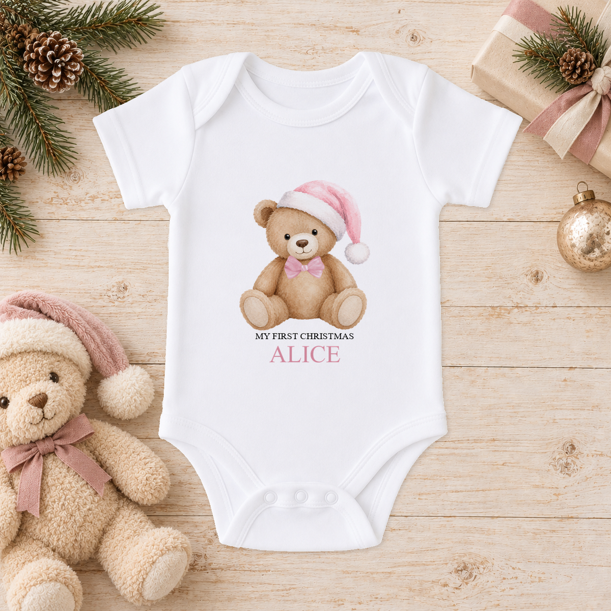 Personalised Pink Hat Teddy baby Christmas vest with a custom name