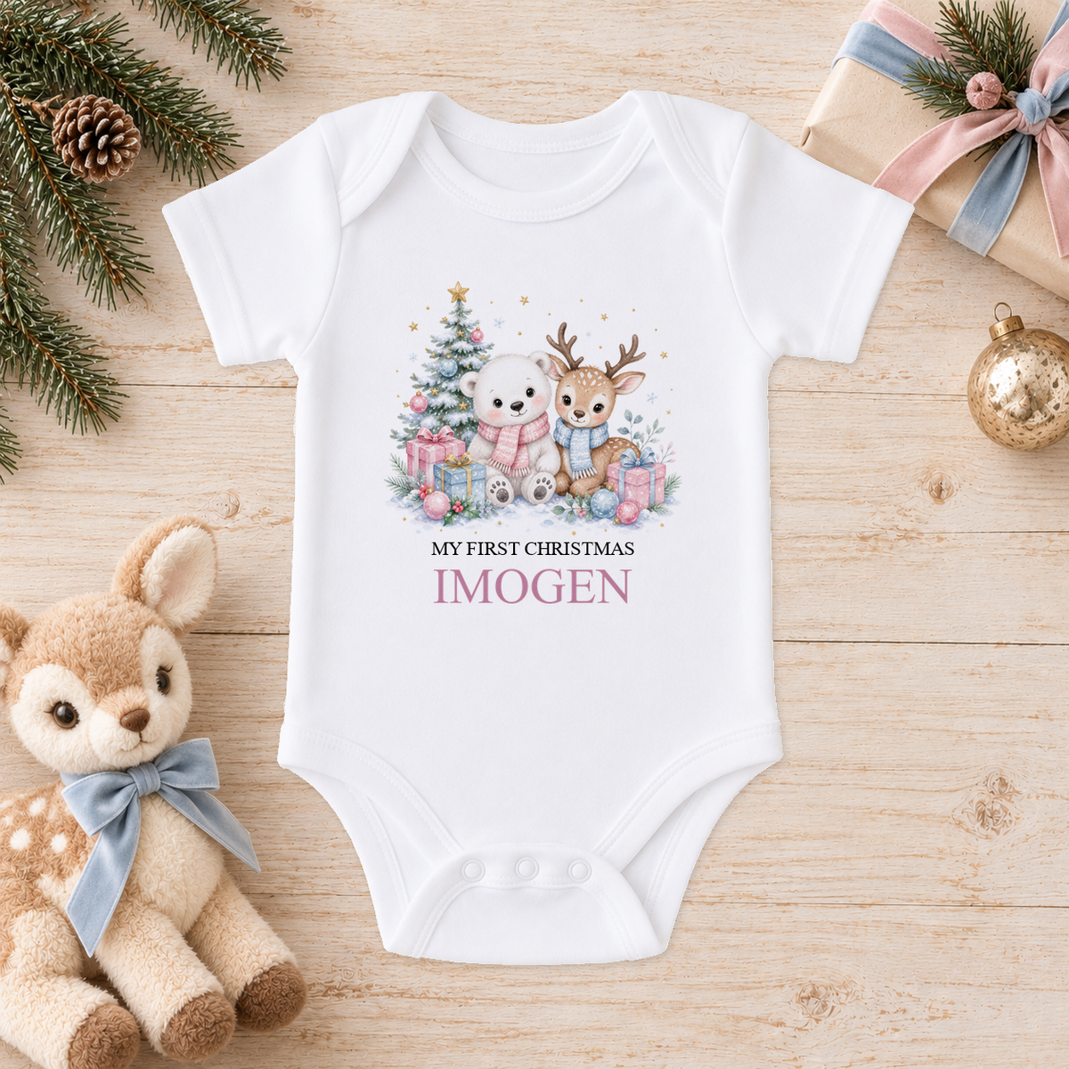 Personalised Polar Bear and Fawn Friends baby Christmas vest with a custom name